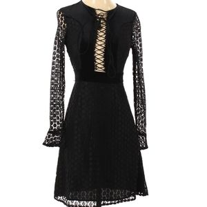 Rare Foxiedox LBD Black Polkadot Dress w/ Sexy Plunging Neckline & Lace Sleeves